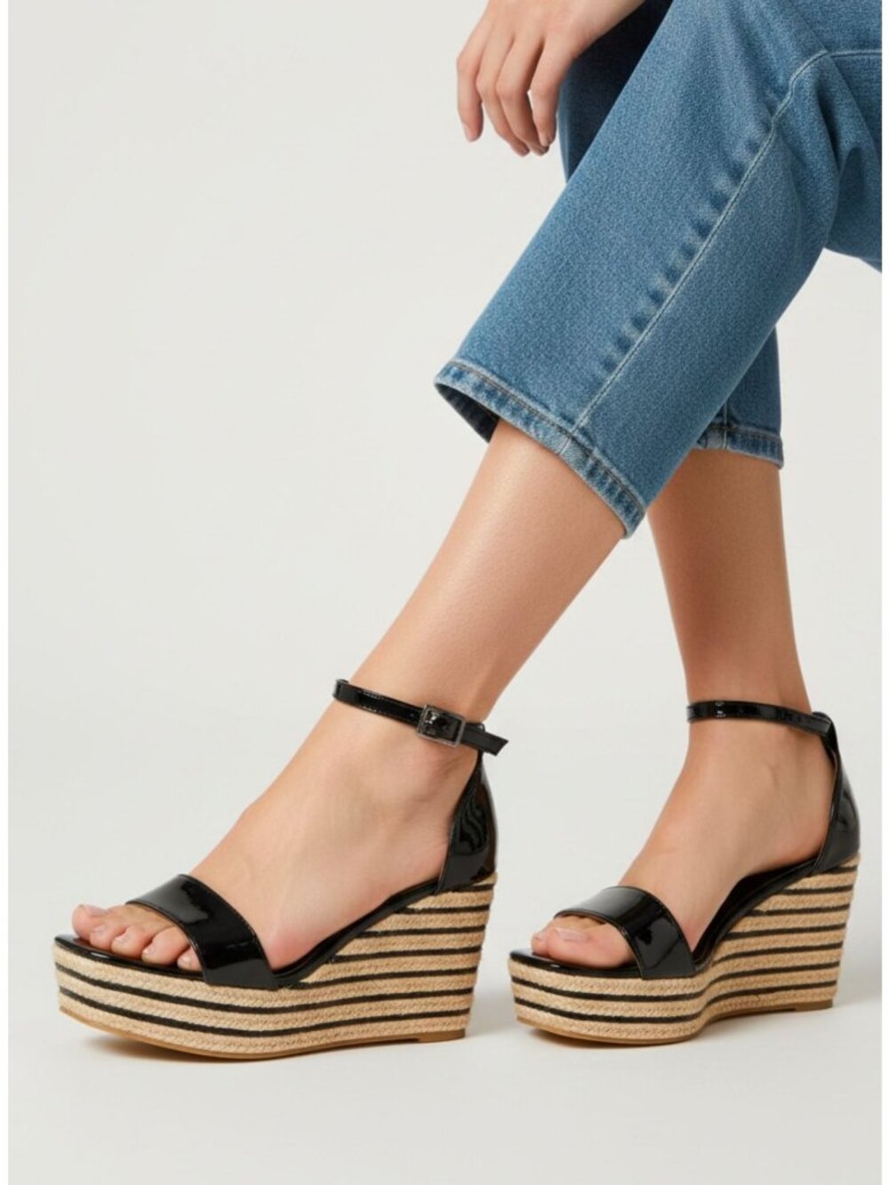 Kayleen Black Patent Espadrille Wedges With Ankle Strap Womens